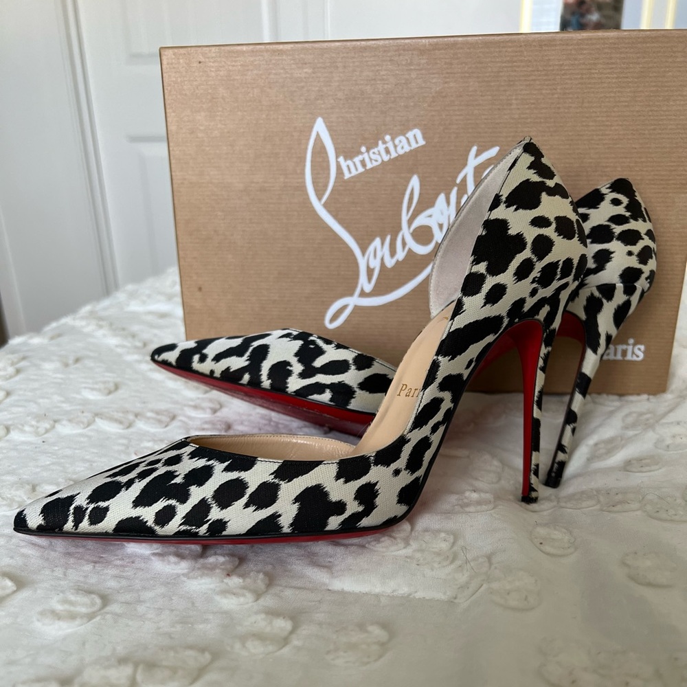 Authentic Louboutin heels in a silk leopard print